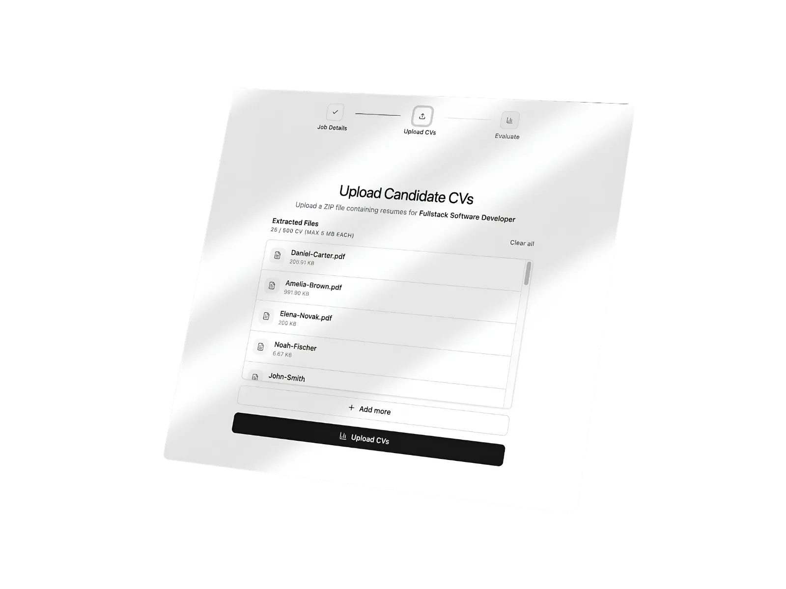 Bulk CV upload: ZIP or PDFs, instant parsing