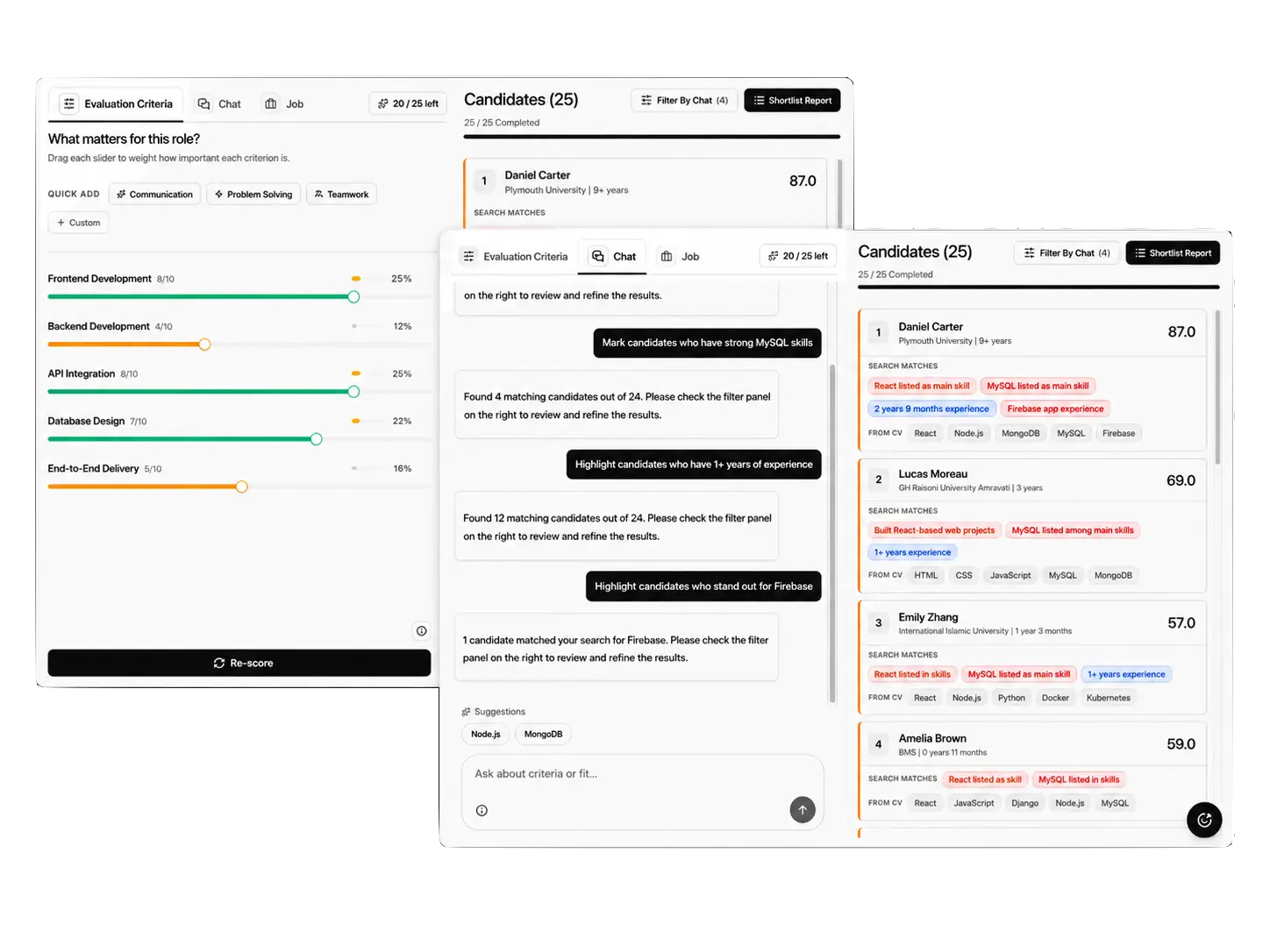 AI tool: re-score criteria and highlight candidates with natural-language chat