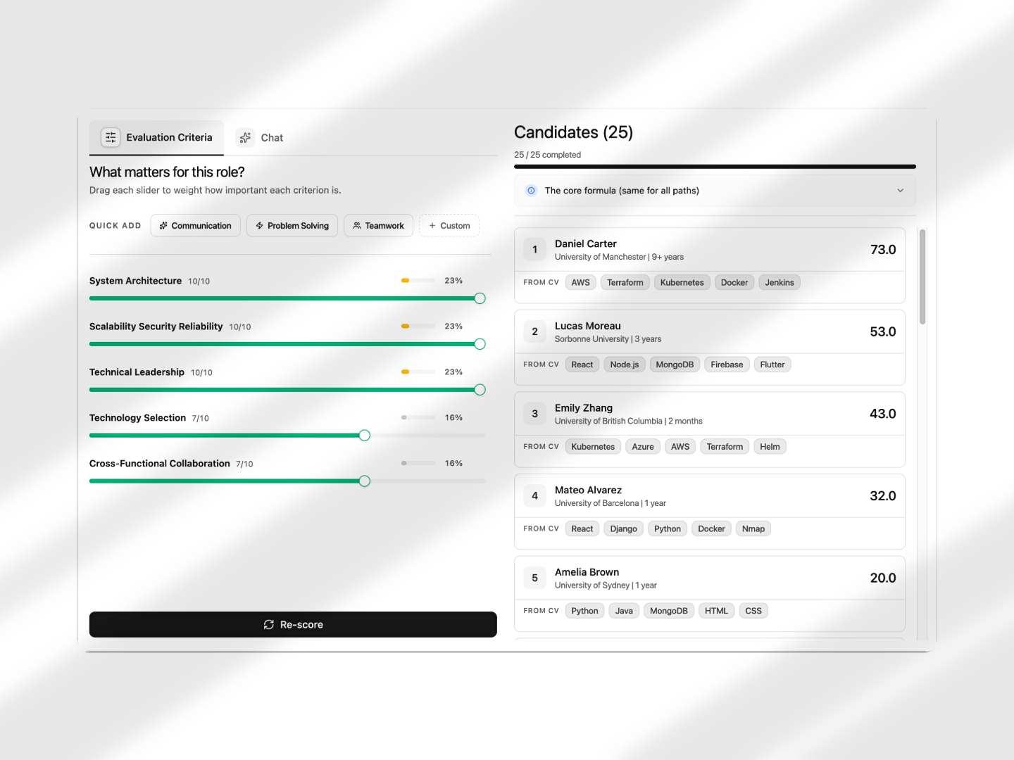 Ranked candidates with scores, gaps, transferable skills, and re-score