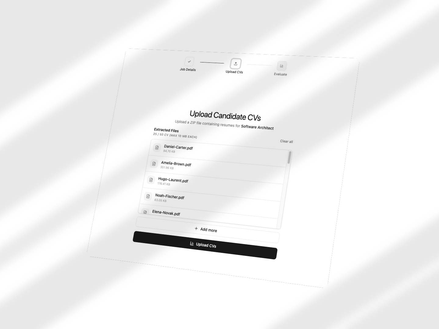 Bulk CV upload: ZIP or PDFs, instant parsing